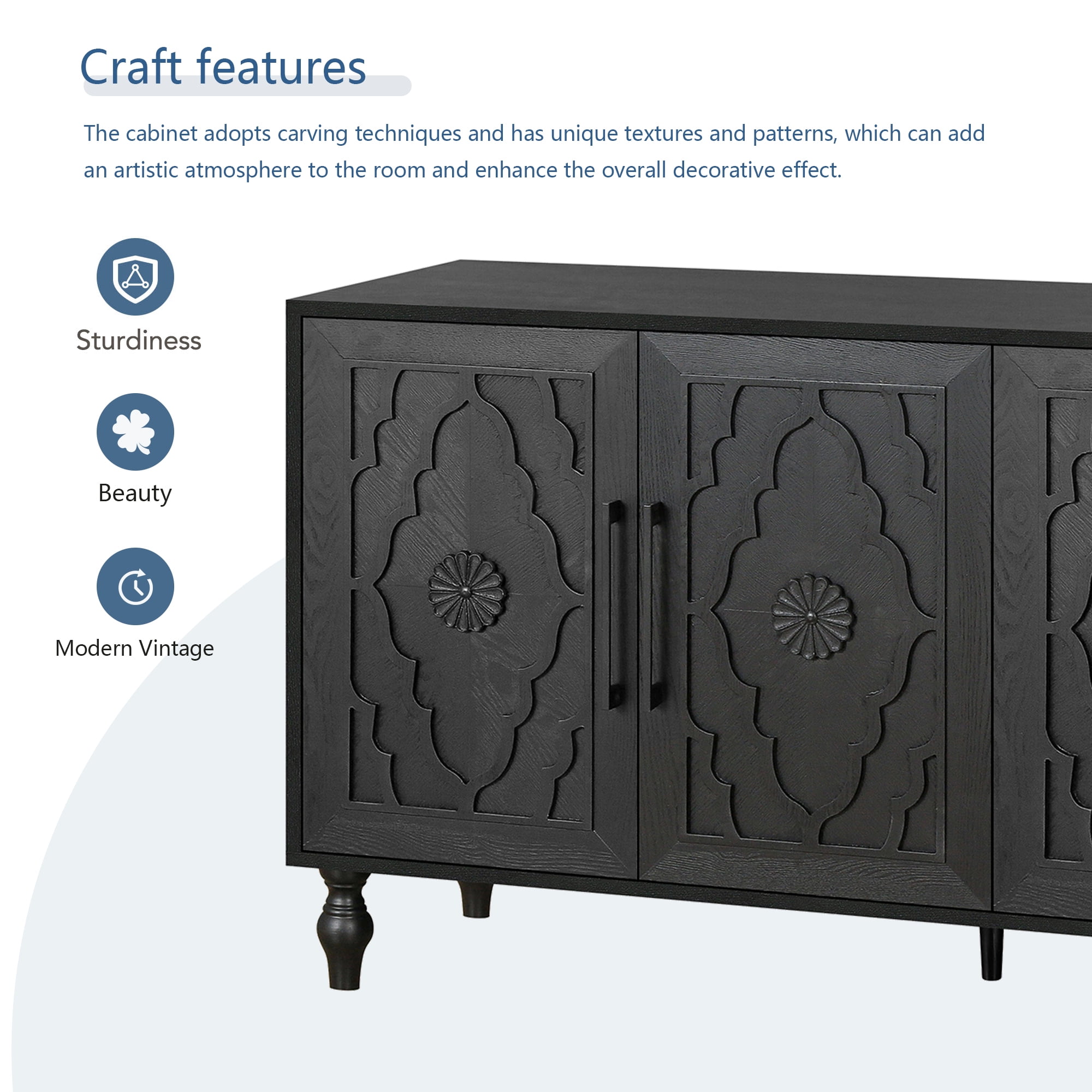 Aukfa 63" Large Accent Storage Cabinet TV Stand with Carved Door for Living Room,Entryway,Black
