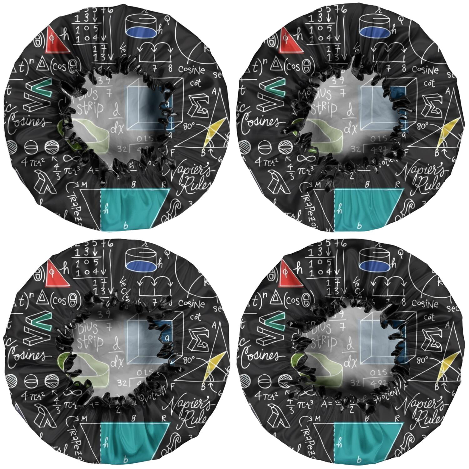 Shower Caps,Math Equations Symbols Black Pattern Waterproof Shower Cap for Women 4 Pieces,Double Reusable Hair Cover for Shower PEVA Elastic Stretch Hem