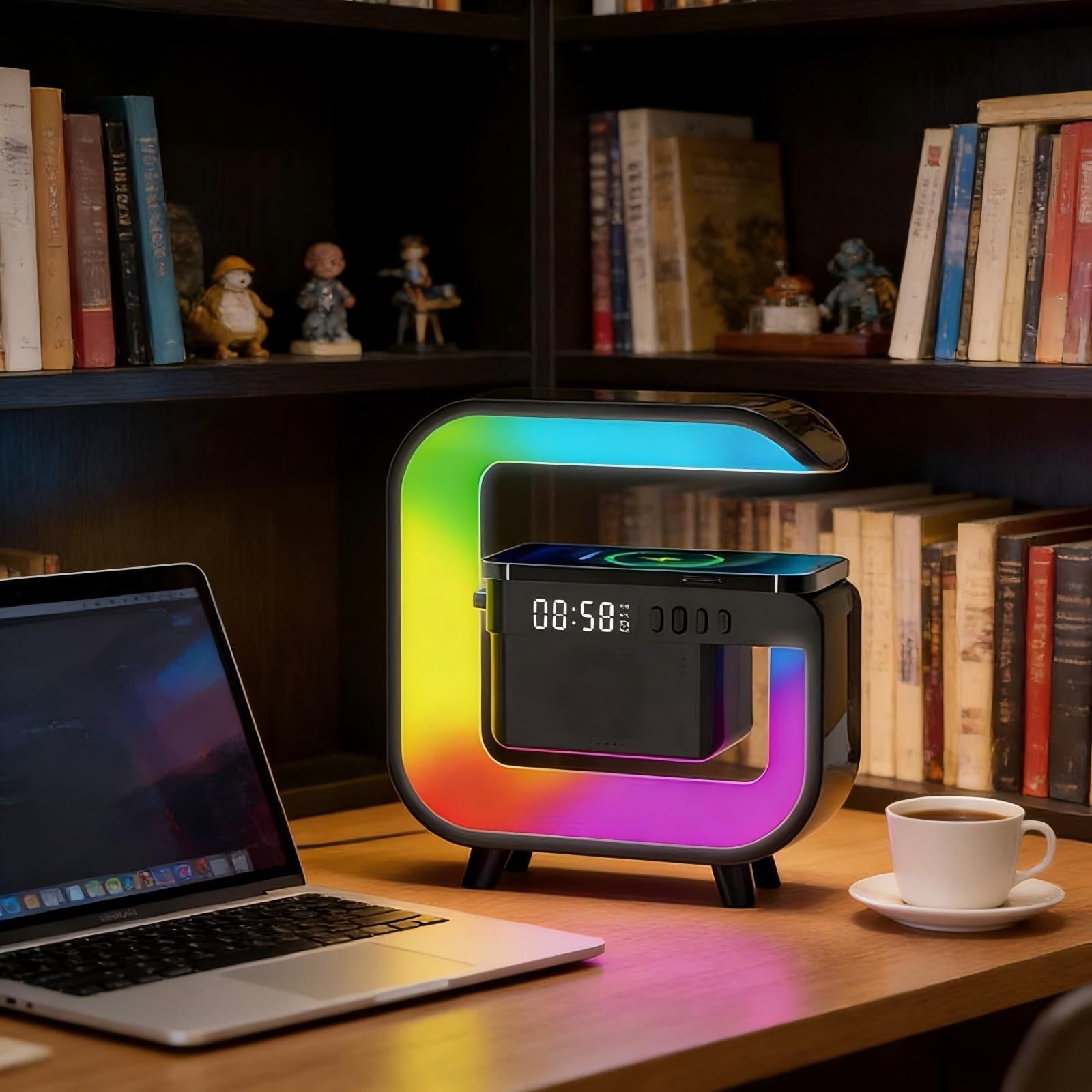Bluetooth Speaker 3-in-1 Wireless Charger, Digital Alarm Clock Smart LED Table Lamp, Multifunctional Nightstand Organizer for Bedroom, Home Office Desk Decor