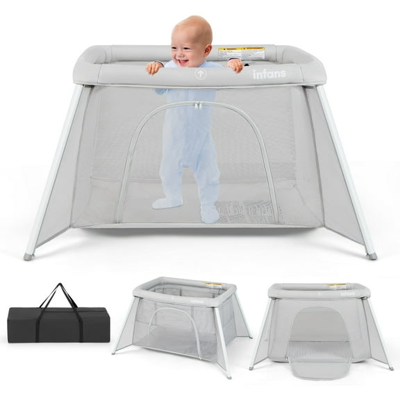 INFANS Travel Crib , Portable Baby Playpen with Removable Bassinet Soft Mattress Carry Bag, Foldable Lightweight Playard Nursery Centre for Newborns Toddlers (Light Grey)