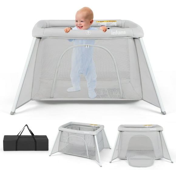 INFANS Travel Crib , Portable Baby Playpen with Removable Bassinet Soft Mattress Carry Bag, Foldable Lightweight Playard Nursery Centre for Newborns Toddlers (Light Grey)