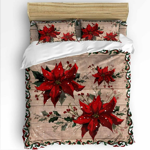 Christmas Poinsettia King Size Comforter Set, Winter Red Floral Pine Leaf Wood Grain Soft Bedding for All Seasons, 4 Pcs Bed Set with 1Comforter (90"x106") ,1 Sheet(94"x116"), 2 Pillowcases (19"x35")
