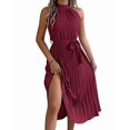 thumbnail image 2 of Women'S 2025 Summer Sleeveless Halter Neck Pleated Midi Cocktail Dresses A Line Flowy Beach Sun Dress Wine Red S, 2 of 9