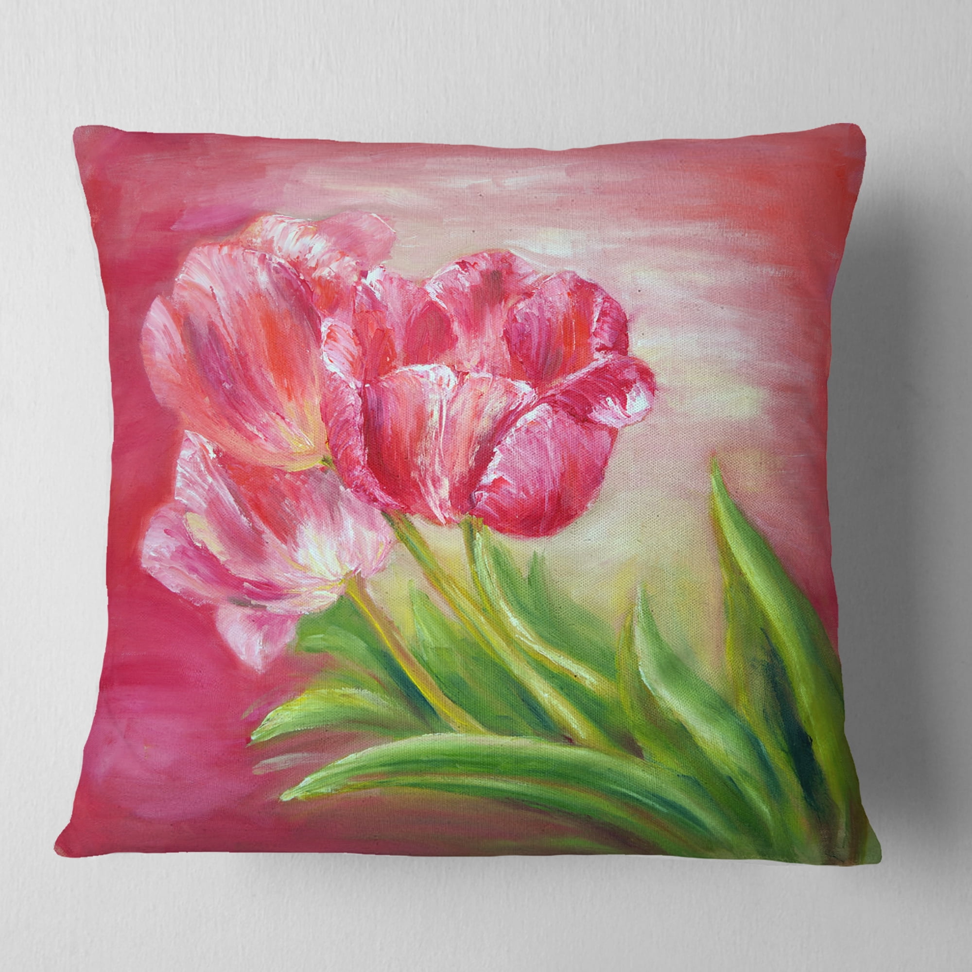 Designart Red Tulips in Red Background - Floral Throw Pillow - 18x18