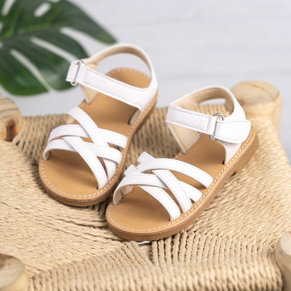 Girls Sandals For Toddlers Soft Sole Glitter PU With Flower Weaving Design Summer Shoes For Baby Casual Girls Sandals White 22