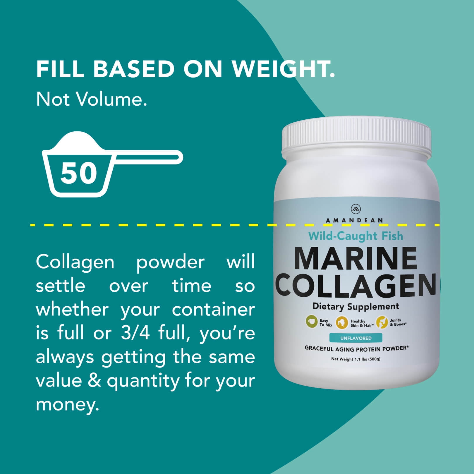 Amandean Premium Anti-Aging Marine Collagen Powder 17.6 Oz | Wild-Caught Hydrolyzed Fish Collagen Peptides | Type 1 & 3 Collagen Protein Supplement | Amino Acids for Skin, Hair, Nails