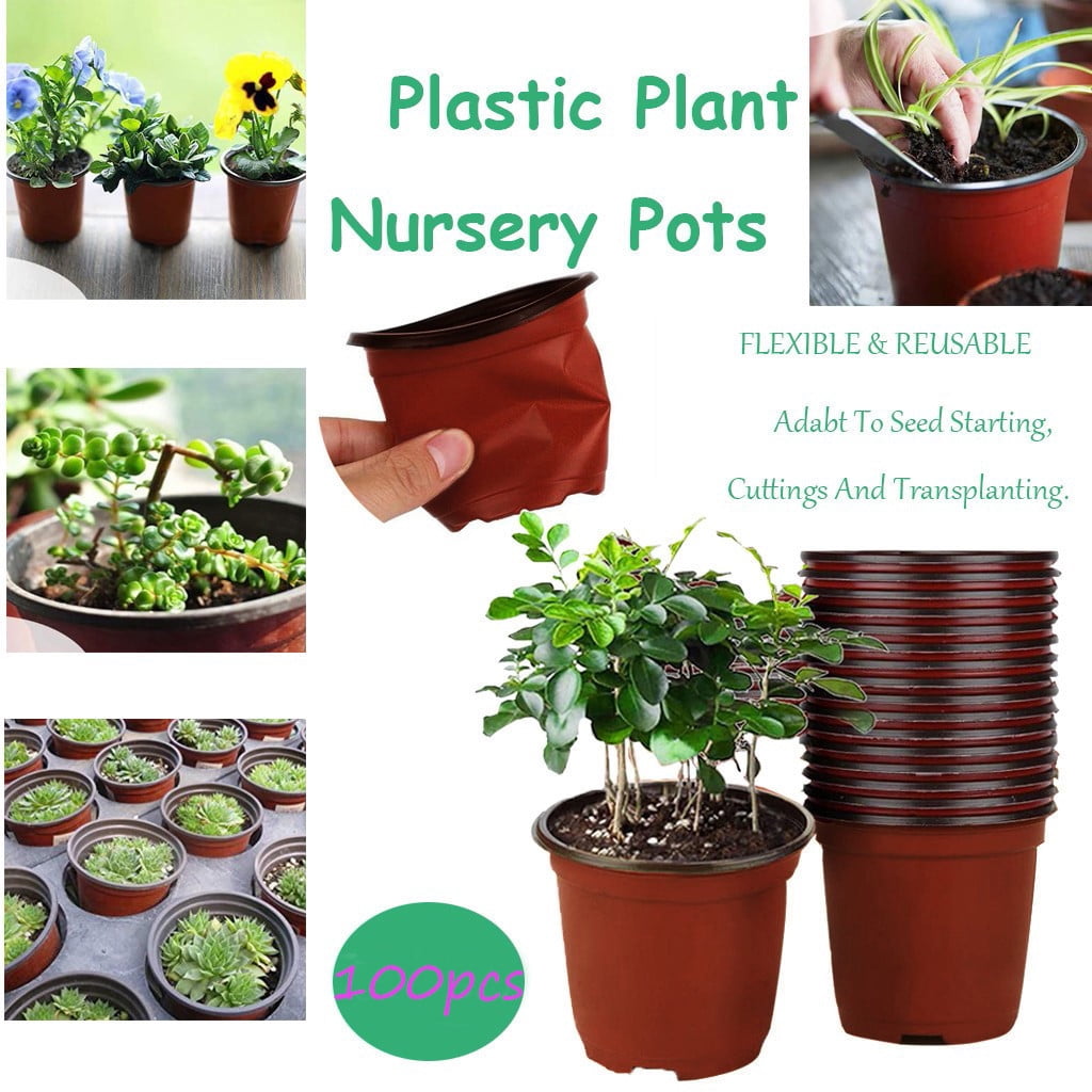 Hyknon 100pcs Nursery Pots Plant Pots Plastic Seeds Starting Flower Pots with Drainage Hole for Transplanting Garden Plants
