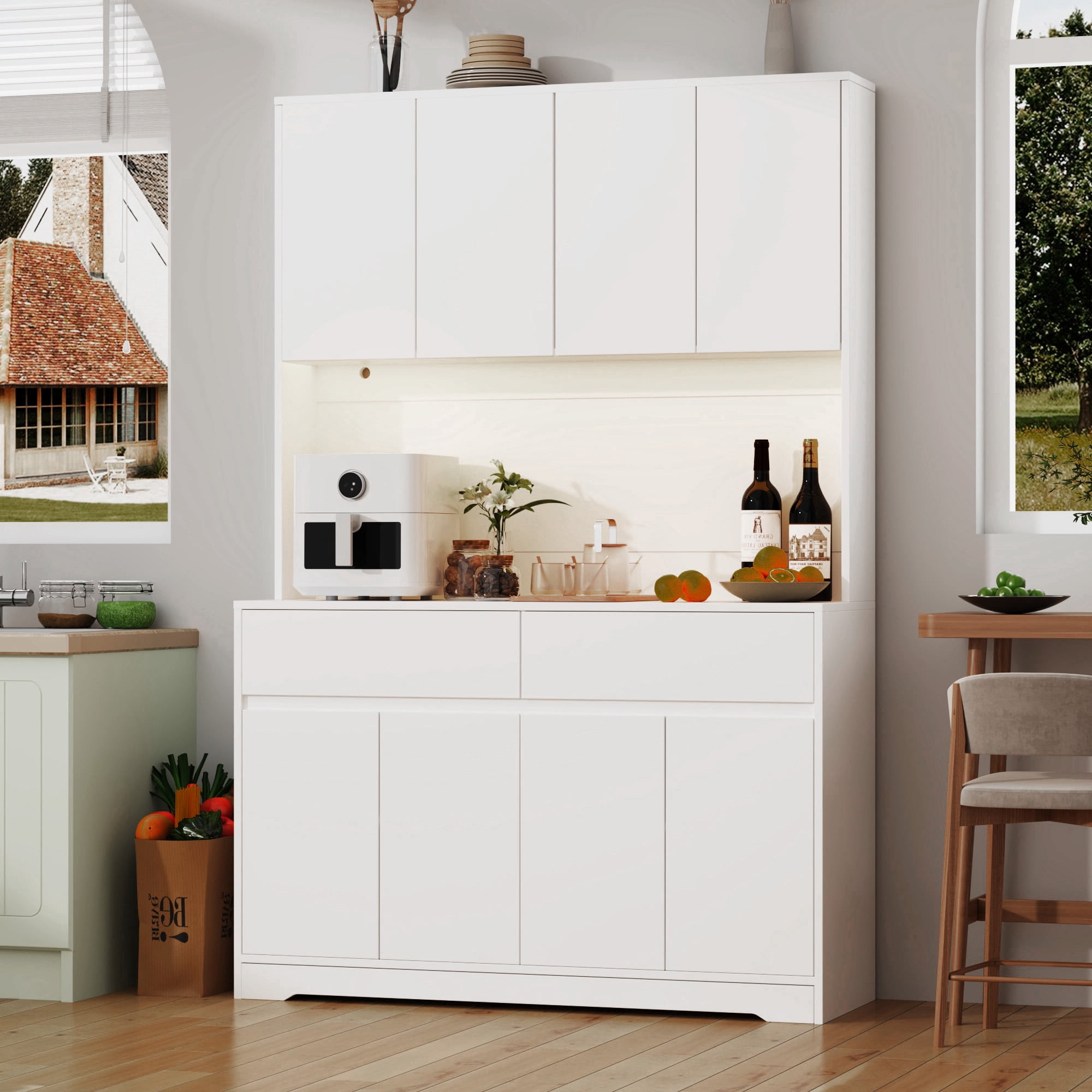 71" Tall Kitchen Pantry with LED Light & Charging Station, 8 Door Kitchen Cupboard with Large Storage and Microwave Stand, Freestanding Hutch Cabinet for Dining Living Room