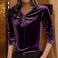 thumbnail image 2 of Aboser Womens V Neck Velvet Shirts Vintage Ruched Front Blouse Slim Fit Long Sleeve Tops Soft Velour Party Shirt Solid Color Layering Top, 2 of 6
