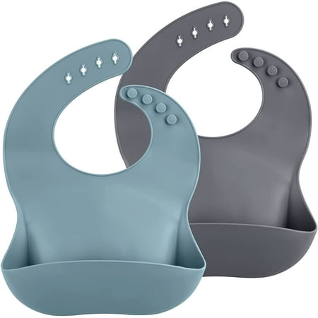 Silicone Bibs for Babies, 2 Sets Baby Feeding Bibs Waterproof Soft Durable Adjustable Bibs