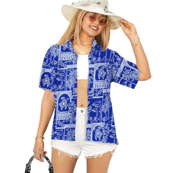 HAPPY BAY Hawaiian Shirts Womens Casual Summer Beach Party Blouse Shirt V Neck Blouses Short Sleeve Tropical Vacation Button up Dress Shirts for Women M Marine Theme, Blue