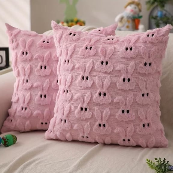 Easter Bunny Ear Pillow Covers Room Decor Cute Faux Fur Soft Preppy Stuff Gift Fluffy Plush Pillow Covers for Bed Sofa Couch (18 X 18 Inch)