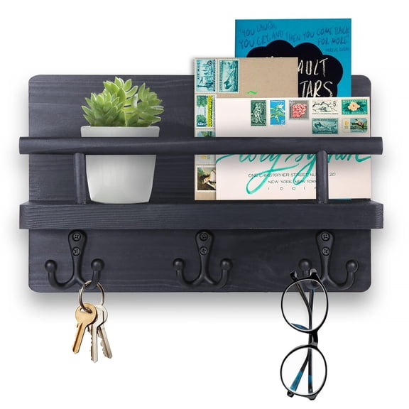 YIHATA Key and Mail Holder for Wall Hooks Key Hanger for Wall with Shelf Wood Wall Shelf with Hooks for Wall Decorative Retro Hanging Organizer Rustic Farmhouse Decor for Entryway (Black)