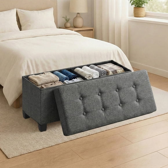 SONGMICS Puff Almancenaje, Banco Almacenaje, 38 x 110 x 40 cm, Taburete con Reposapiés, Banco con Almacenamiento, Plagable, para Salón, Dormitorio, Gris Oscuro