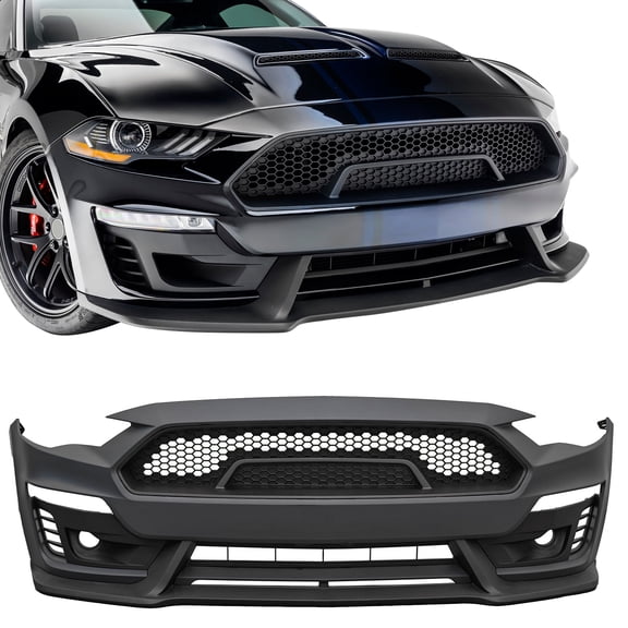 Ikon Motorsports Front Bumper Cover, Compatible with 2018-2023 Ford Mustang, Shelby Super Snake Style Unpainted Black PP Replacement Conversion with Fog Lights Cover, Lip and Matte Black Grille