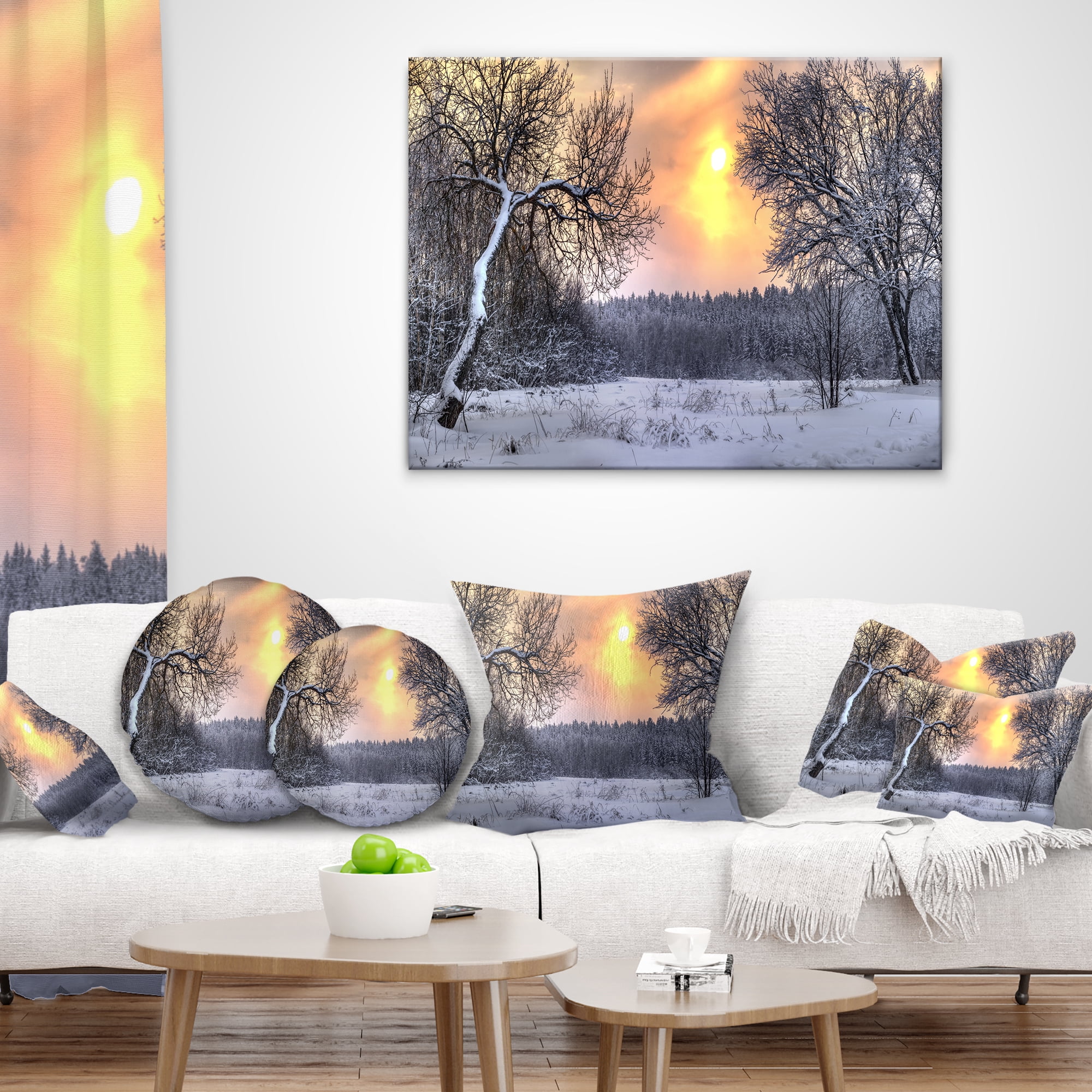 Designart Winter Landscape with Yellow Sun - Landscape Printed Throw Pillow - 16x16