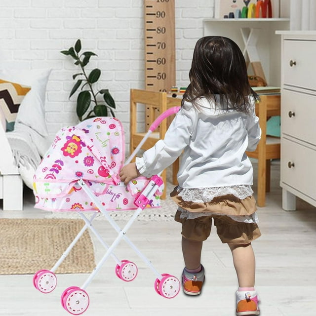 Cochecito de bebé plegable para muñecas, carrito interactivo para niñas, regalo para juego de simulación, juguete para niños, niñas y niños pequeños Rosa
