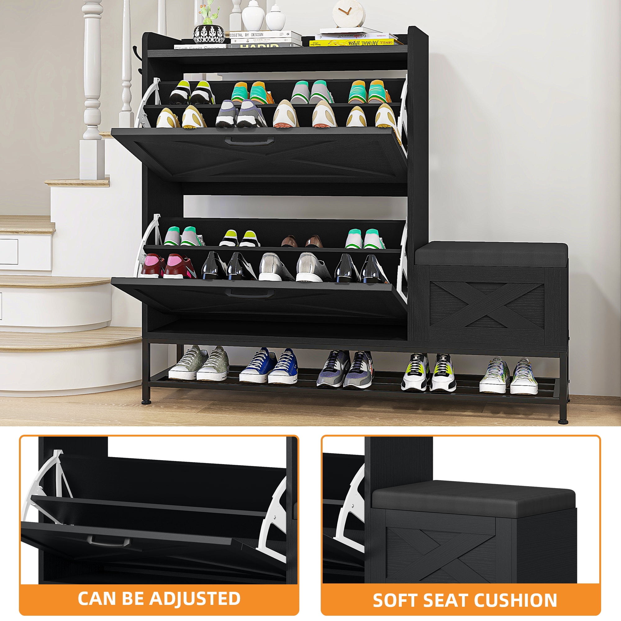 Uforic Shoe Cabinet with with 2 Flip Drawers&Shoe Bench,Farmhouse Narrow Slim Shoe Storage Cabinet for 16 Pairs for Entryway, Foyer, Black