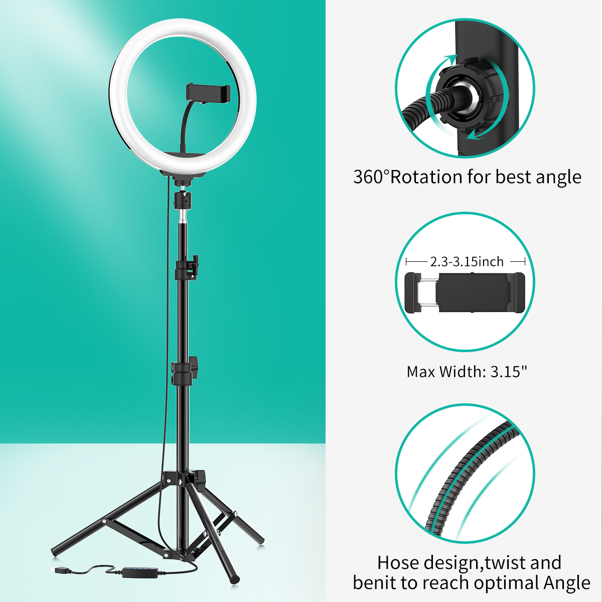 for Live Streams Roys 10 Selfie Ring Light with Tripod Stand & Phone Holder YouTube & Self-Portrait Shooting 3 Modes 10 Brightness Levels with 120 LED Bulbs USB Powered 