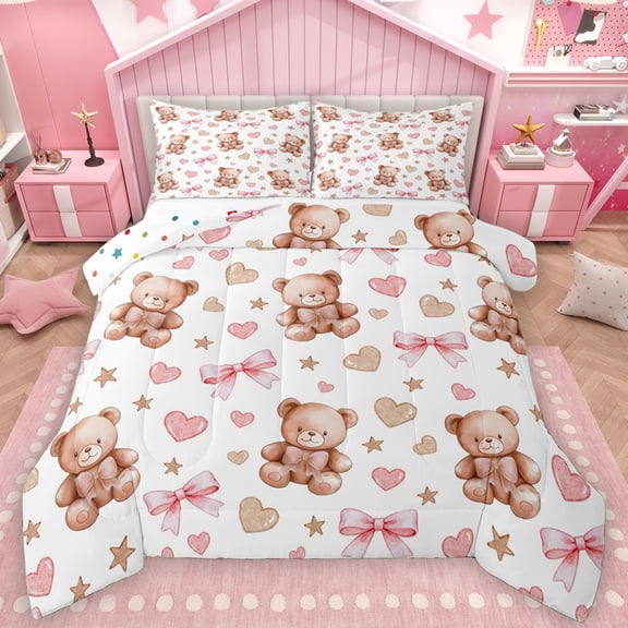Manfei Pink Bowknot Bear Bedding Comforter Set, Cartoon Love Heart Print Twin Comforter Sets, Teens Kids Boys Girls Reversible Bedding Set, Luxury Bedroom Decor, 2pcs