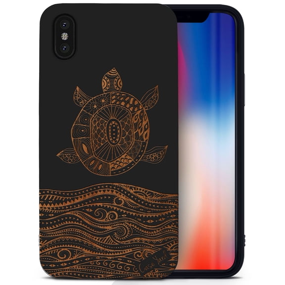 Case Yard Wooden Case for iPhone-X Soft TPU Silicone cover Slim Fit Shockproof Wood Protective Phone Cover for Girls Boys Men and Women Supports Wireless Charging Sea Turtle Design