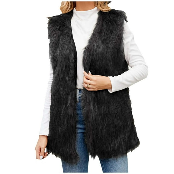 Lovskoo Women's Faux Fur Vest Sleeveless Short Jacket Winter Warm Fur Coat Waistcoat Outerwear for Women And Girls Black