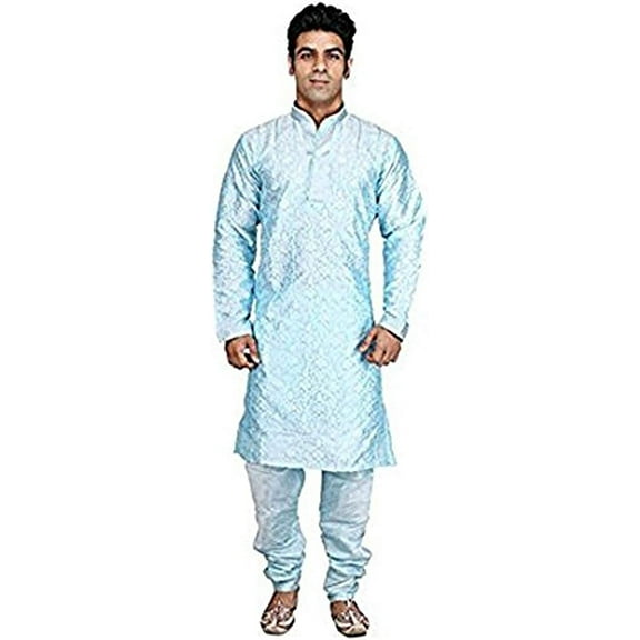 Royal Kurta Men's Silk Blend Kurta & Churidaar Set Blue
