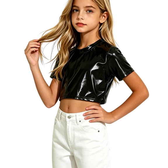 Girls Metallic Knit Crop Top Shiny Short Sleeve Round Neck Party Daily Wear Black,Size 5 T
