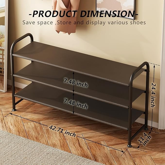 Seamika 3-Tier Metal Shoe Rack for Closet, Wide Shoe Shelf Organizer, Entryway Storage – Brown