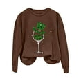 thumbnail image 4 of New & Trending!FUNUONY St Patricks Day Shirt Women's Wine Glass Printed Round Neck Long Sleeved Top Brown S, 4 of 4