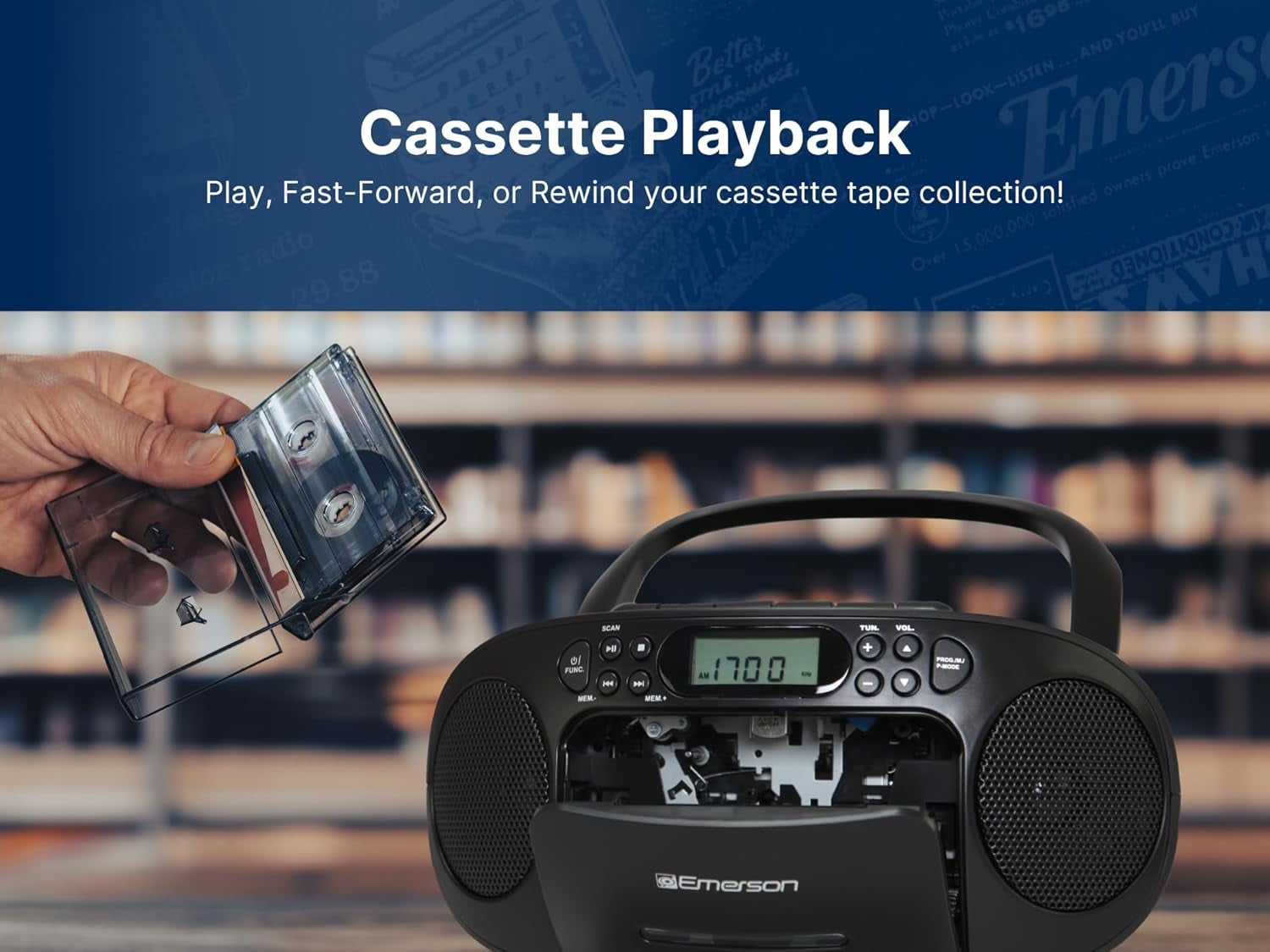 Emerson Portable CD Player Boombox with Cassette Player, AM/FM Radio, Tape Recorder, AUX, Headphone Jack, Dual Speakers, AC/DC & Battery Operated - Stereo System for Home, Indoor & Outdoor Use