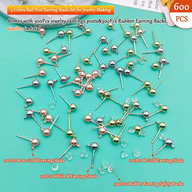 700pcs Ball Post Earring Studs Set for Jewelry Making,300Pcs Earring Studs Ball Ear Pin Ball Post Earrings with Loop with 400pcs Butterfly Earring