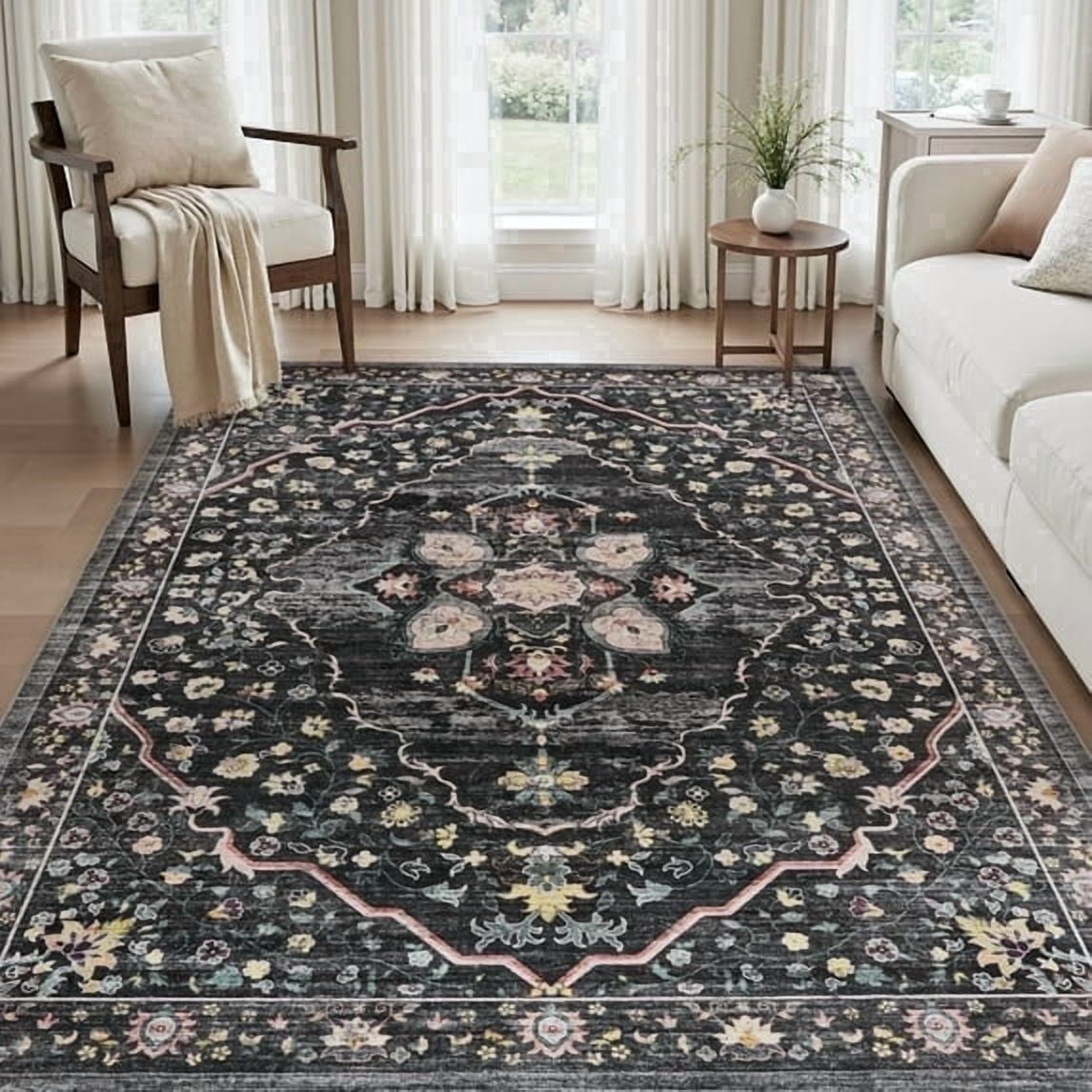VUNATE 9'x12' Area Rugs for Living Room Washable Rugs Floral Vintage Area Rug Botanical Indoor Carpet Soft Rugs for Bedroom Office Dining Room Kitchen Accent Rug Contemporary Home Decor Black