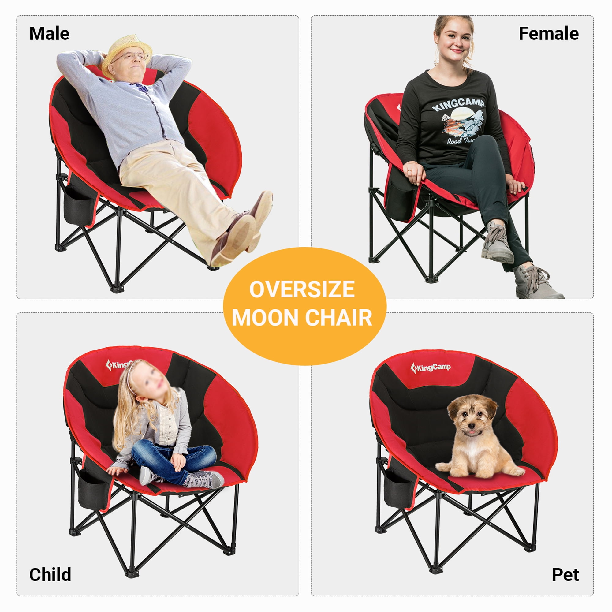 KingCamp Folding Camping Chair Oversized Round Chair with Cup Holder, Red