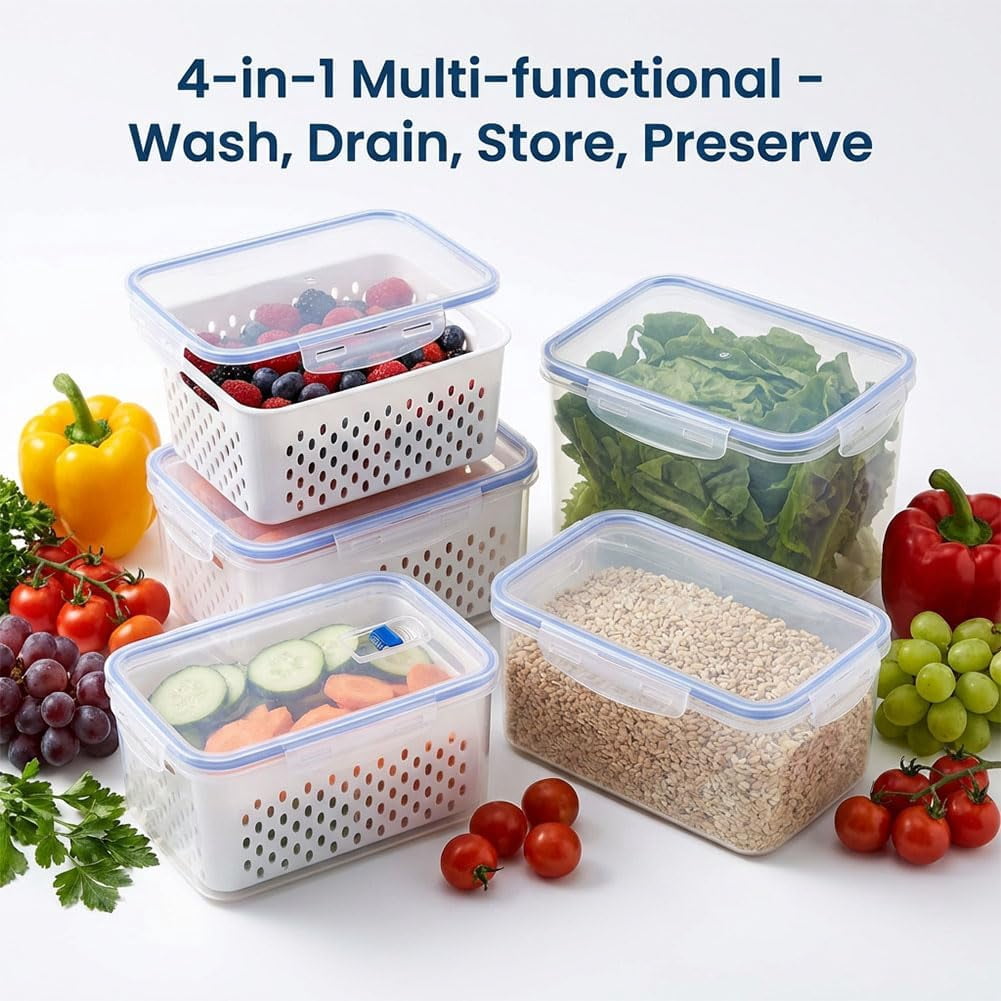 4 in 1 Food Storage Containers for Fridge,Household Transparent Plastic Food Storage Box-Including Drain Basket&Lid,Airtight Produce Container for Fruit Vegetable Organization (blue)(Q)