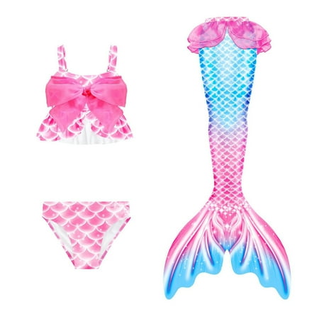 Toimothcn Girl s Swimsuit Sleeveless Casual Colorful Fish Scale Printed 3 Piece Tail Bikini Set Quickly Dry Cover Up Swimwear 12-13 Years