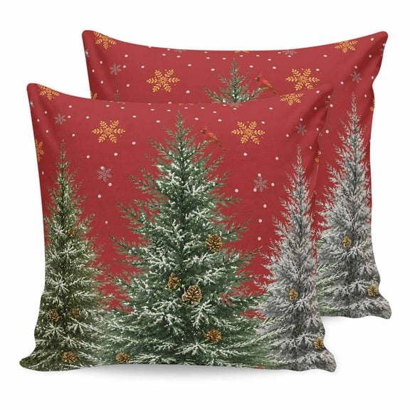 Christmas Trees Pillow Covers 20x20 Set of 2, Red Xmas Tree Snowflake Birds Throw Pillow Covers Decorative Couch Cushion Cover, Microfiber Soft Square Pillowcases for Bedroom Living Room Sofa
