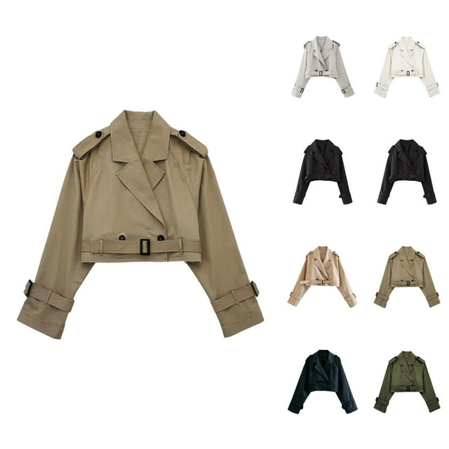 Veste de Vélo Courte pour Femmes à Manches Longues, à Double Boutonnage, Trench à Revers Cranté avec Ceinture, Vêtement d'Extérieur