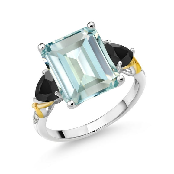 Gem Stone King 925 Silver and 10K Yellow Gold Sky Blue Simulated Aquamarine Black Onyx and Diamond 3 Stone Ring for Women (6.15 Cttw, Gemstone Birthstone, Emerald Cut 12X10MM, Size 9)