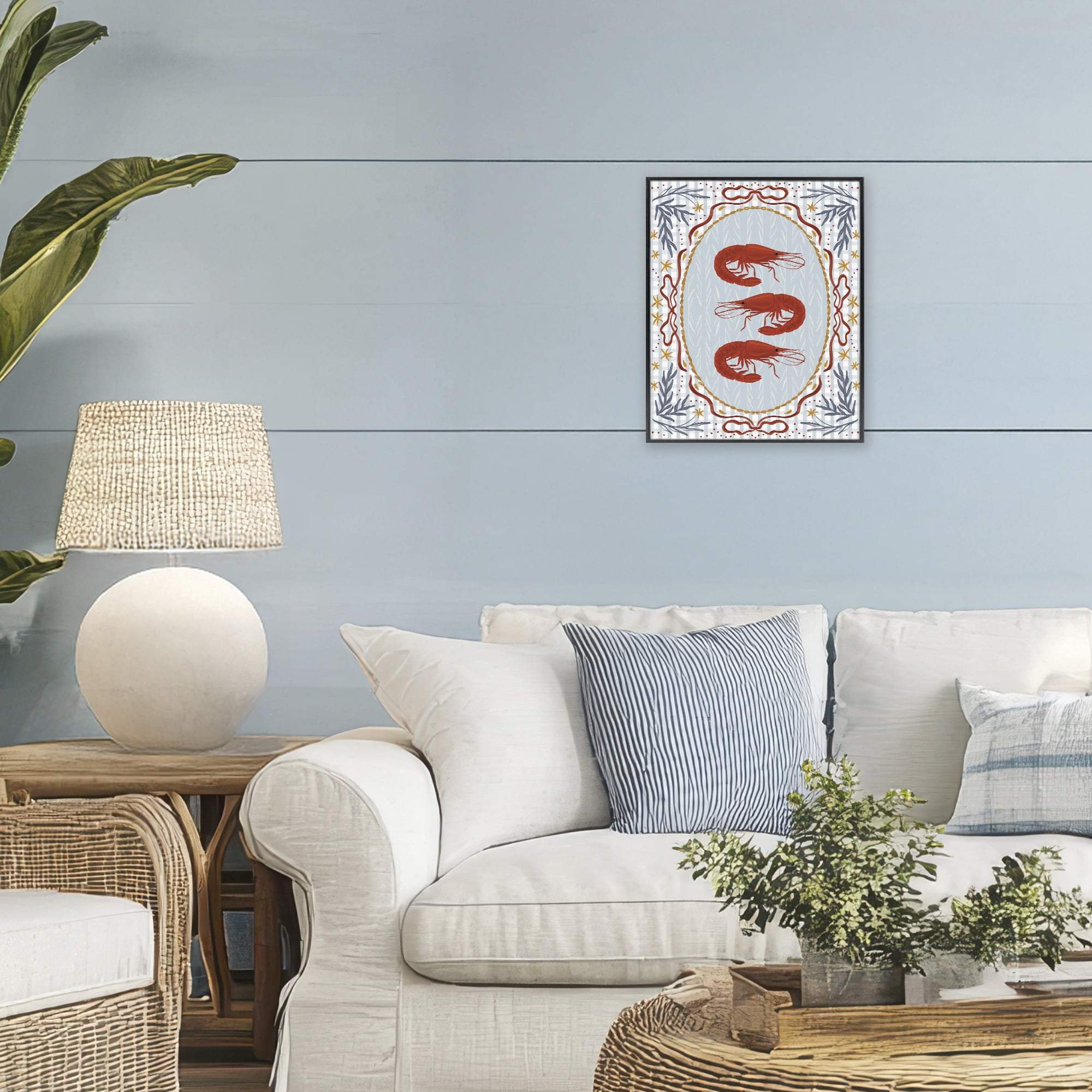 Stupell Industries Three Red Prawns on Gingham Black Framed Giclee Art, design by Vero Illustrates