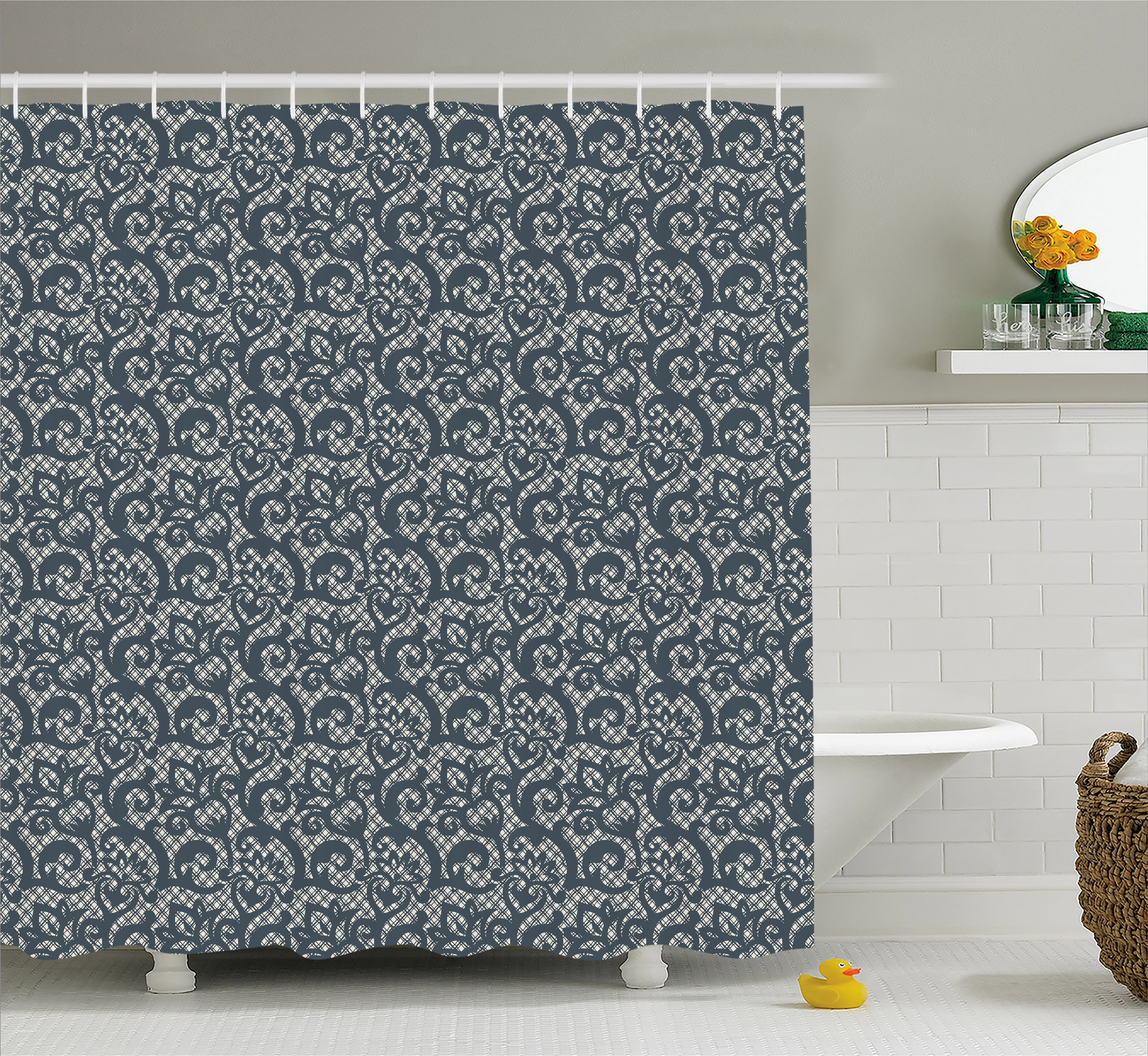 Teal Shower Curtain, Lace Style Abstract Floral Ornament with Victorian