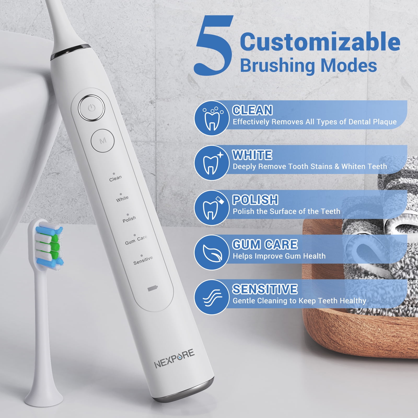Nexpure Sonic Electric Toothbrush for Adults, Deep Clean & Gum Care, 60 Day Battery, 4 Brush Heads, 5 Cleaning Modes, Smart Timer