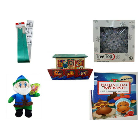 Christmas Fun Gift Bundle [5 Piece] - Myco's Best Pull Bows Set of 10 - 19-Light Snowflake Tree Topper - Noah's Ark Card Storage Display Box Hallmark - Soft & Cuddly Elf  14