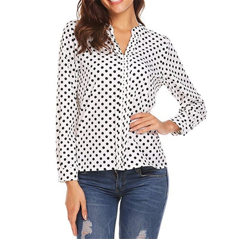 Fresh Look Women S Fashion V Neck Polka Dot Loose Blouse Long