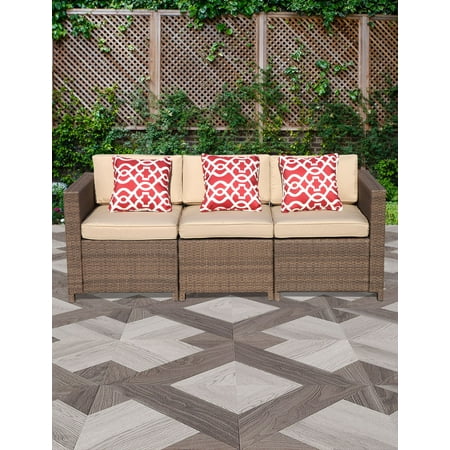 Clearance Outdoor Sectional 3pc Outdoor PE Wicker Armless Sectional Sofa Set with Beige Cushions,Two Corner sofas and One Armless sofa, Steel Frame, Brown ()