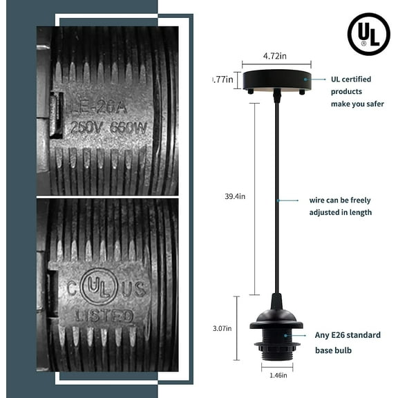 GHRTGR-Industrial Mini Pendant Light Kit, Edison Retro Pendant, UL E26 Lamp Socket Vintage Pendant Light Cord, Mini Ceiling Hanging Light Fixtures, Adjustable Hanging Light Kit for Kitchen(Black)
