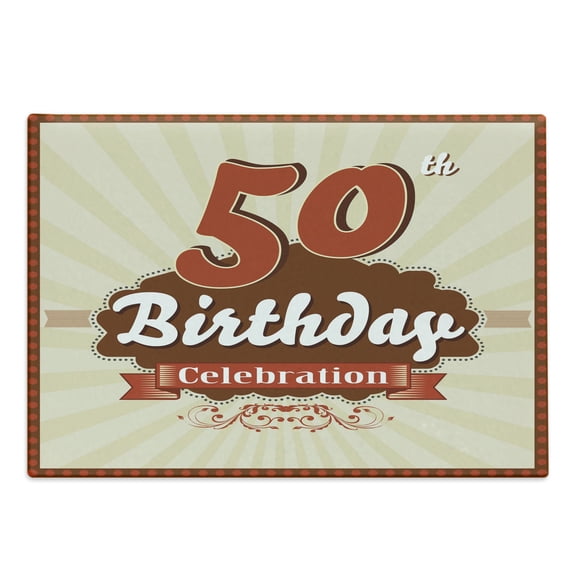 50th Birthday Cutting Board, Retro Old Fashion Celebration Theme Stripes and Dots Art Print, Decorative Tempered Glass Cutting and Serving Board, Large Size, Scarlet Brown Eggshell, by Ambesonne