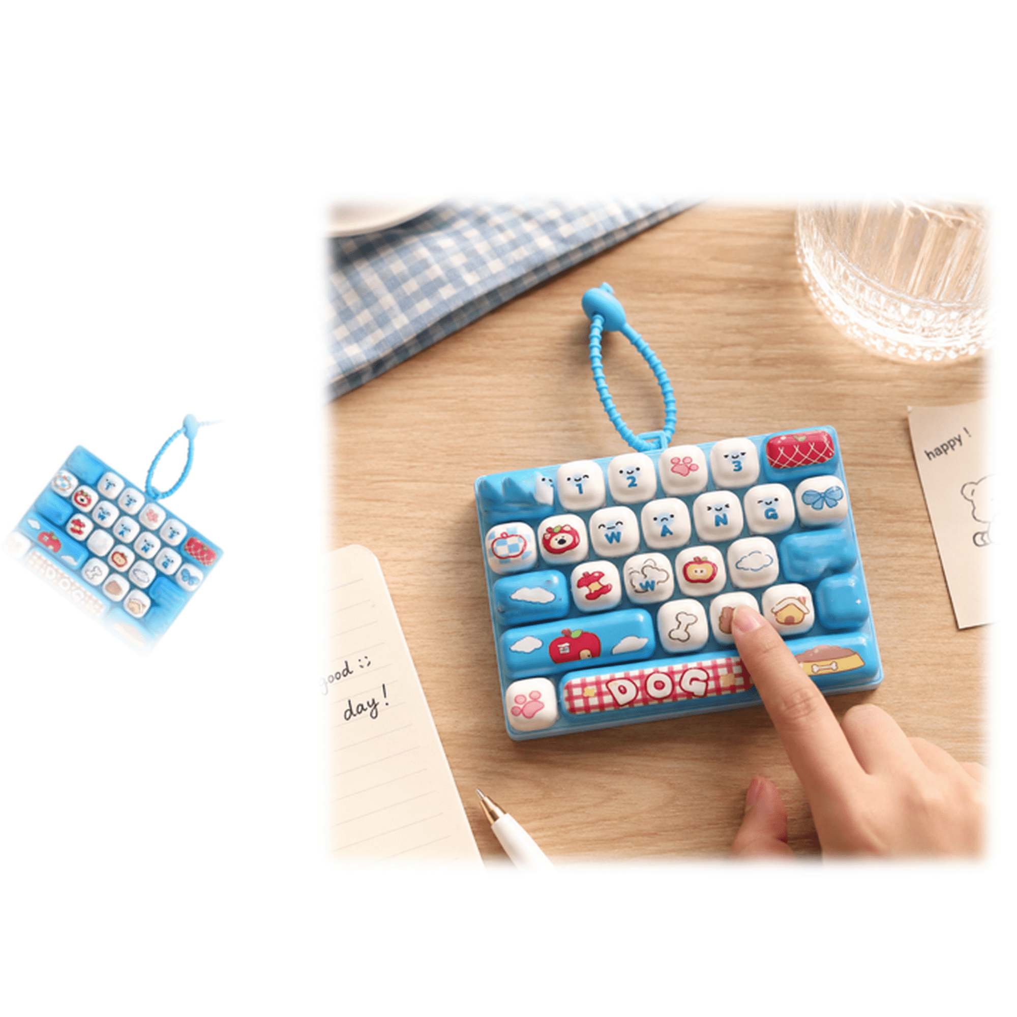26-Key Clicky Keyboard Fidget Toy Keychain – Mini Mechanical Stress Relief Keycap Clicker with Cartoon Keycaps for Bag Pendant