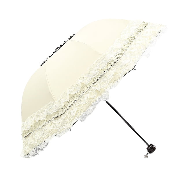 Bewildely Paraguas de sol para mujer, y exquisito, portátil, europeo, impermeable, para niñas y mujeres, paraguas triple plegable, Paraguas de lluvia Beige