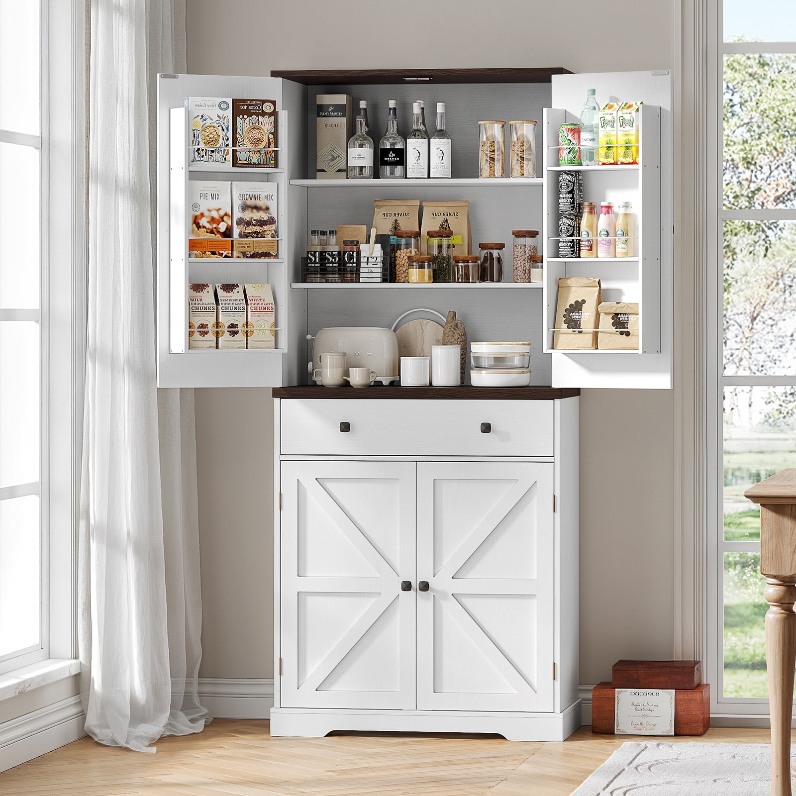 71" Farmhouse Pantry Storage Cabinet with 6 Door Shelves & Drawer, 2 Adjustable Shelves & 4 Barn Doors, Freestanding Cupboard,Off White